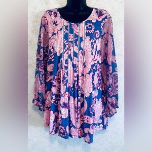 Ruby Rd. Women's Blouse 3/4 Sheer Sleeve Pleated Pink Blue Size XL Spandex Rayon
